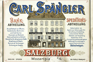 Historisches Bild, zu sehen ist ein altes Bankgebäude mit der Aufschrift Carl Spängler Salzburg