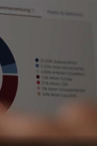 Laptop mit farbigem Kreisdiagramm, lesbar ist "25 % Anleihen, 75 % Aktien"