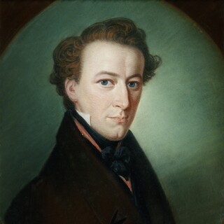 Dunkles Gemälde/ Portrait von einem Mann mit Locken.