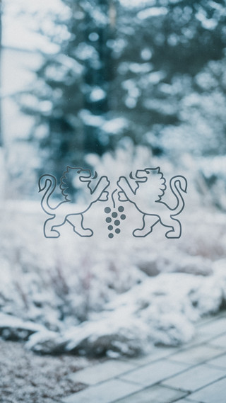 In der Bildmitte zwei Löwen, im Hintergrund Winter. 