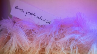 Ein Schild mit der Aufschrift "Eva Poleschinski" steckt im Saum eines gefiederten Kleides.