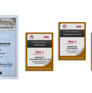 Vier Auszeichnungen von der Prüfinstanz Fuchs / Richter an das Bankhaus Spängler mit je Platz 1
