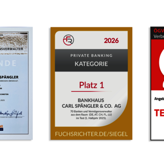 Vier Auszeichnungen von der Prüfinstanz Fuchs / Richter an das Bankhaus Spängler mit je Platz 1