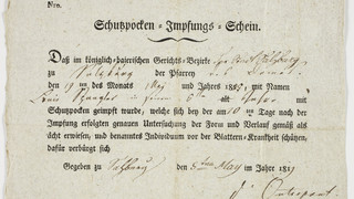 Altes Schriftstück mit dem Titel "Schusspocken-Impfungs-Schein"