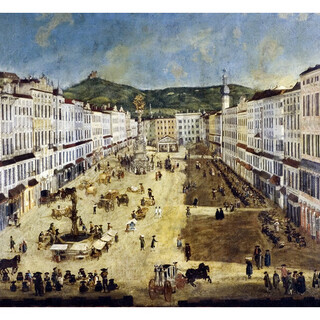 Marktgeschehen am Linzer Hauptplatz um 1774 Ein historisches Gemälde zeigt den Linzer Hauptplatz.