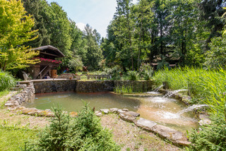Grün bewachsener Garten mit Teich und Holzhütte vor einem Wald