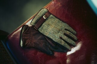 Ein Paar Handschuhe liegt auf einer mit rotem Leder bezogenen Bank.