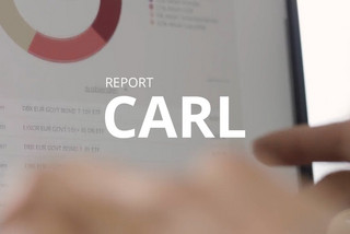 Laptop mit eingeblendeter Folie mit der Aufschrift "Report CARL"